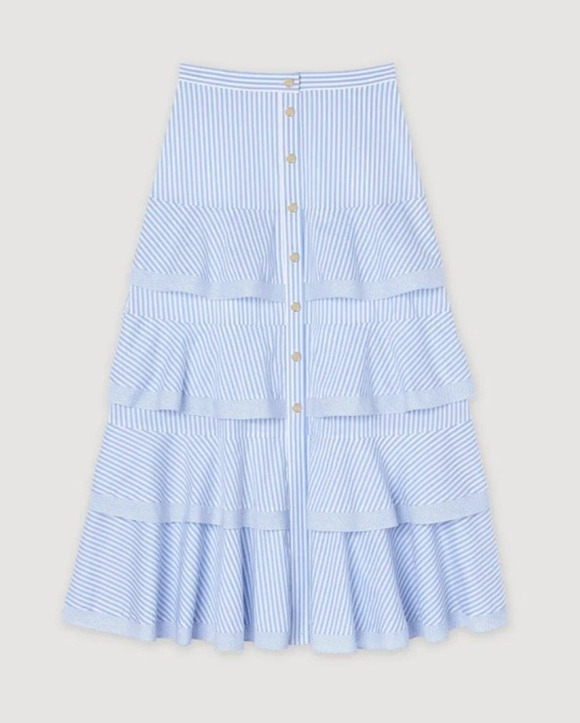 Sandro Dresses & Skirts - Sandro 38 Blue White Stripe Maxi Skirt Button Front Ruffle Coastal Preppy Resort